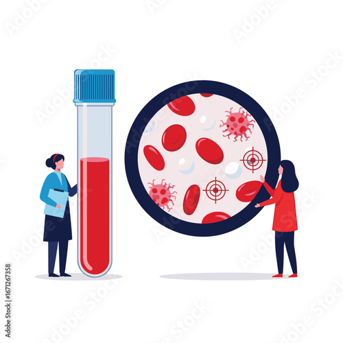 Scientists analyze blood sample for viruses under microscope, highlighting medical research and diagnostics.