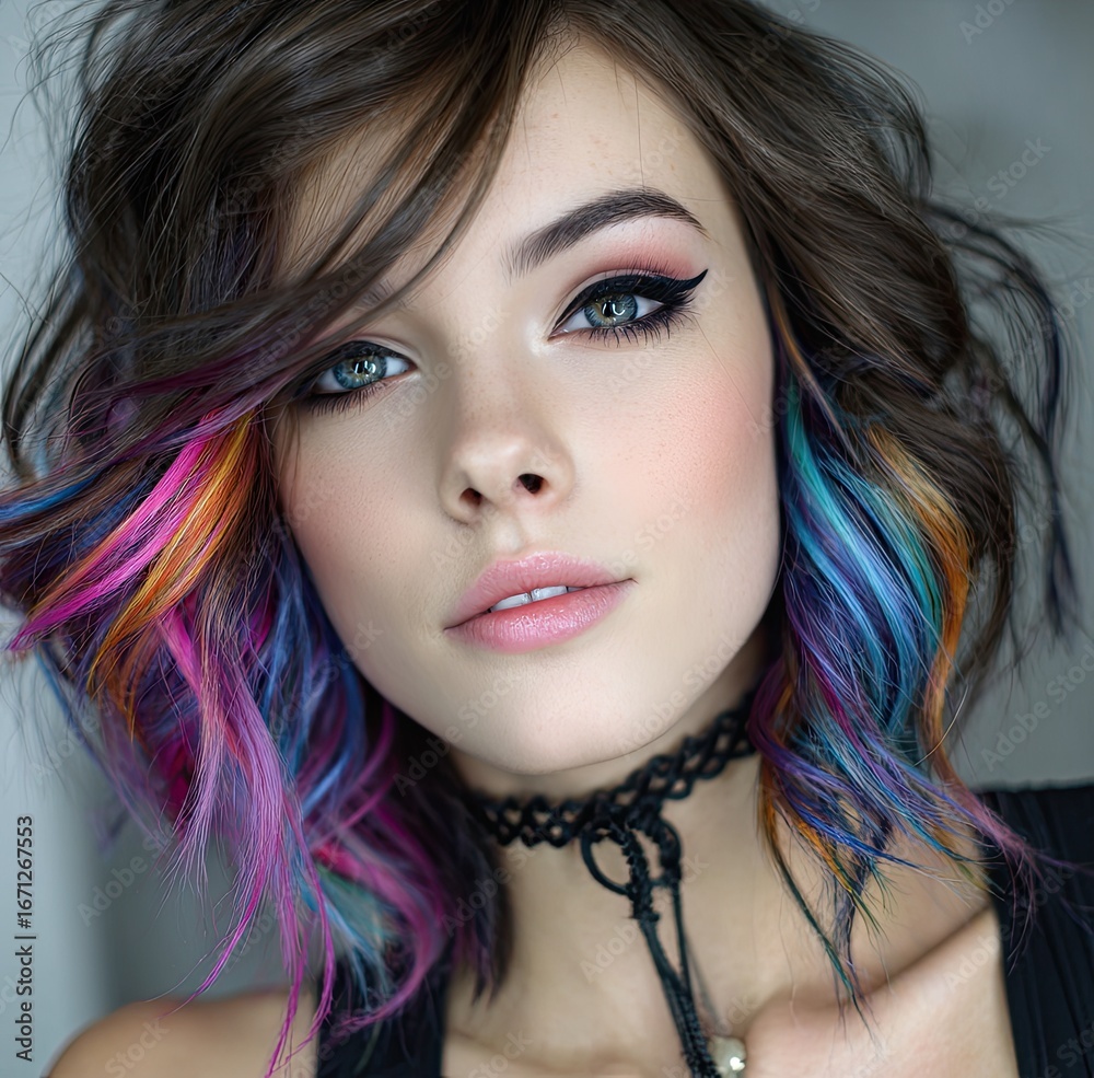 a beautiful woman with colorful hair, wearing bold makeup and a choker necklace