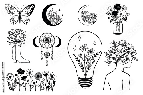 Boho Celestial Floral Line Art Set, Wildflower, Celestial Bundle