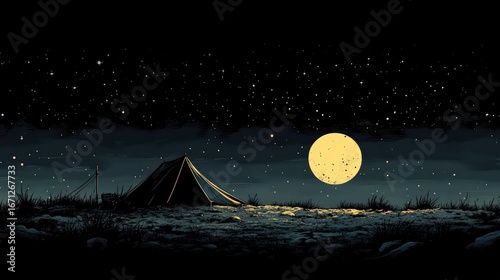 Dark night, starry sky, camping tent