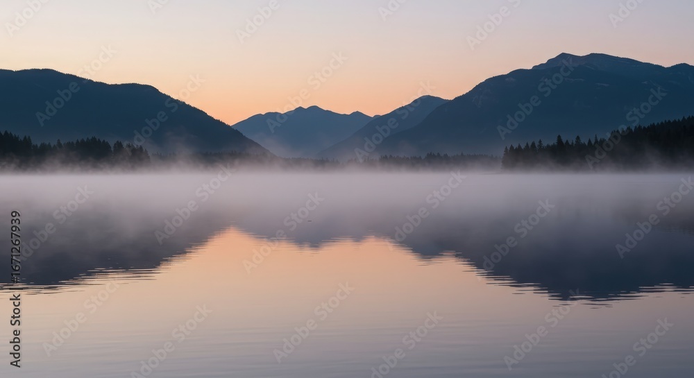 Fototapeta premium Serene Lake at Sunrise with Mist and Mountain Reflection