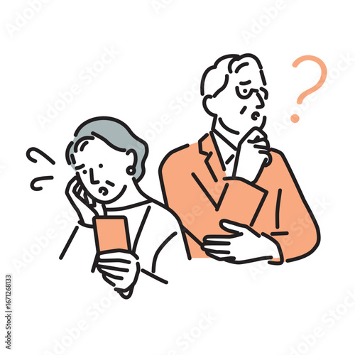 シンプル　イラスト　スマホを持って考え込むシニアの男女　人物