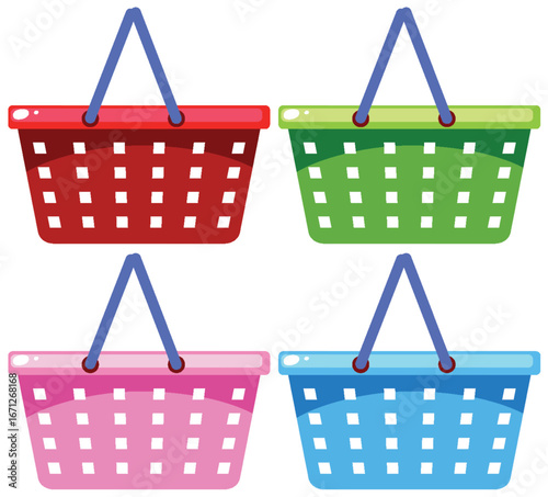 Colorful Shopping Baskets with Blue Handles Vector Set