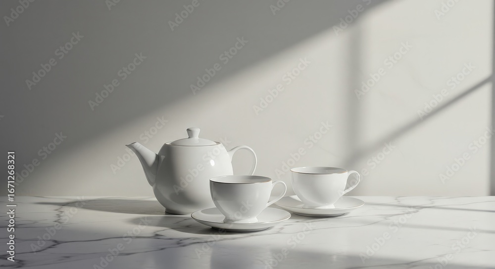 Fototapeta premium Elegant White Tea Set on Marble Surface with Soft Natural Light