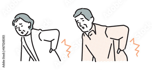 シンプル　イラスト　腰痛のシニアの男女　人物