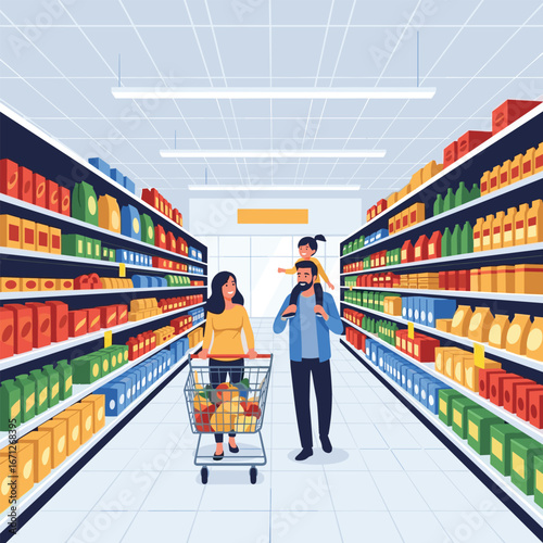 Joyful family shops for groceries together, creating happy memories in a bright supermarket aisle
