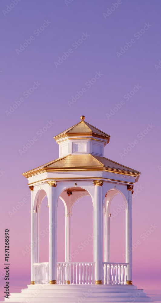 Fototapeta premium White gazebo with gold roof against a pastel sky