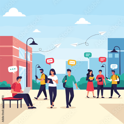 Young people connect and communicate digitally while walking through a modern city square