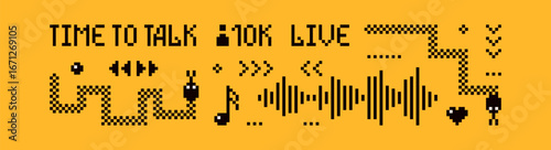 Dark pixel podcast elements. Set with 8 bit Y2K icons. Snake, record, stereo sound, audio, snake.