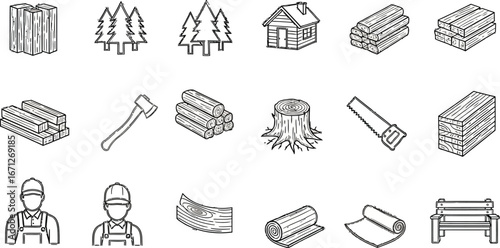 Lumberjack tools and wood materials vector icons set for woodworking project