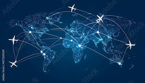 Global Air Travel Network: Illuminated World Map with Flight Routes