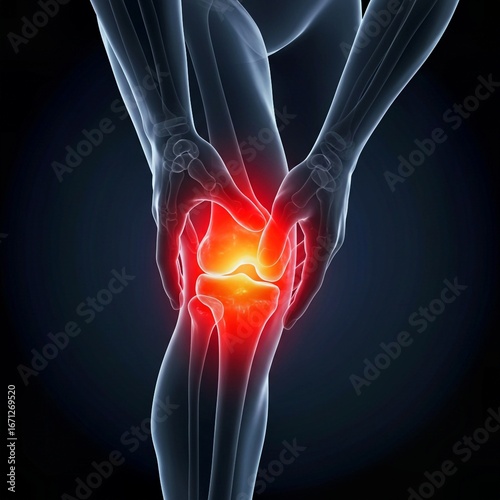x ray of a human body, Man holds painful knees with glowing red-yellow bones. Injury joint pain concept. Athlete feels pain in patella. Health care needs recovery rehabilitation after sport trauma. Me