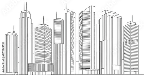 Cityscape line art drawing urban skyline skyscrapers architecture design vector