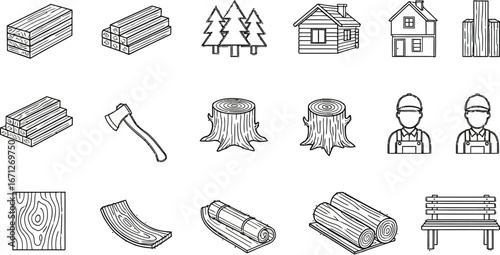 Woodworking and carpentry outline icons set vector illustration design