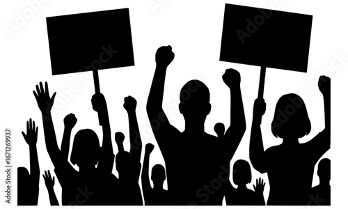Protest Crowd Silhouette with Raised Fists and Blank Signs – Unity, Demonstration, Civic Engagement