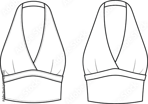 Black and white halter crop top illustration, deep V neckline, fitted underbust band, sleeveless fashion sketch, garment construction, clothing design template