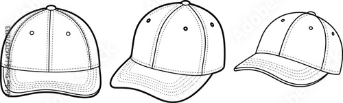 Black and white baseball cap illustration, front view, side view, three quarter angle, line art design for fashion, sports, apparel templates
