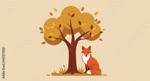 Autumn scene fox under tree