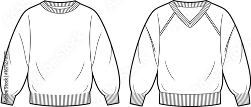 Black and white sweater illustration, crew neck and V‑neck design, fashion flat sketch, ribbed cuffs, casual knitwear vector, garment template