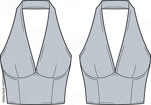 Light gray halter crop top, sleeveless deep V neckline, fitted bust shaping, wide underbust band, fashion flat sketch, garment construction template