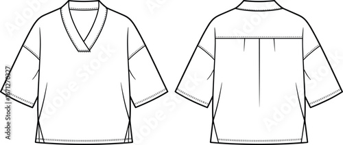 Loose fit V neck elbow sleeve top, front and back view, pleat detail, side slits, fashion flat sketch, garment construction template