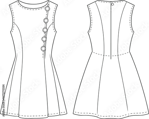 Sleeveless dress technical sketch, front and back view, flared skirt, round neckline, button detail, fashion flat drawing, garment design