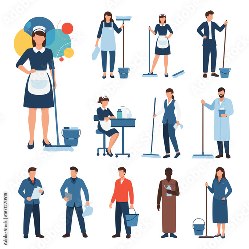 Professional cleaning staff and service workers showcase diverse roles and responsibilities in modern business settings.