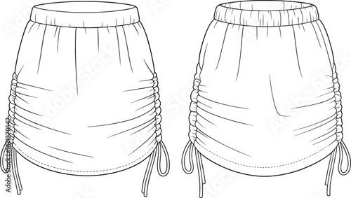 technical fashion illustration, skirt front and back view, elastic waistband, ruched side seams, drawstrings, adjustable fit, garment flat sketch, apparel design