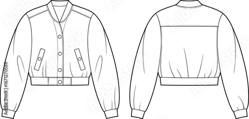 Technical fashion illustration, jacket flat sketch, front and back view, ribbed collar, puff sleeves, welt pockets, button closure, garment construction