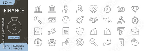 Finance icons set. Includes icons for money, currency, savings, investment, budget, cash, wallet, credit, payment, and banking. Editable stroke line icons. Perfect for accounting, business, and econom