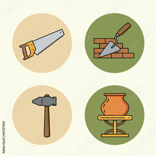 Crafts Saw, trowel, hammer, and pottery in simple circular graphic images