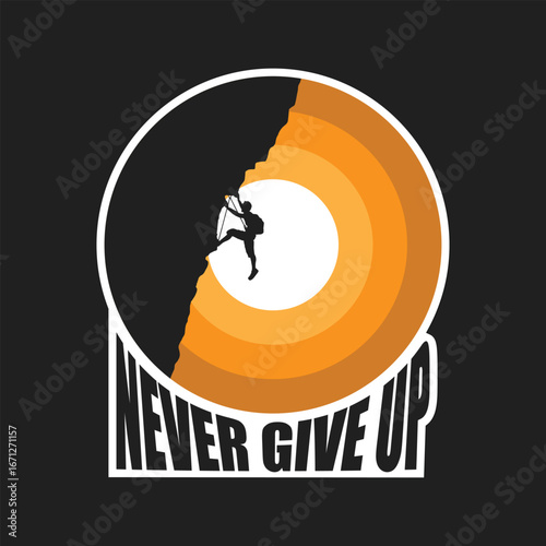 Never Give Up Mountain Climber Silhouette in Motivational Emblem