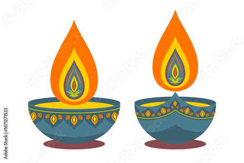 Diwali diya - oil lamp. Element for traditional Indian festival of lights. Flat style on isolated white background. Vector illustration.