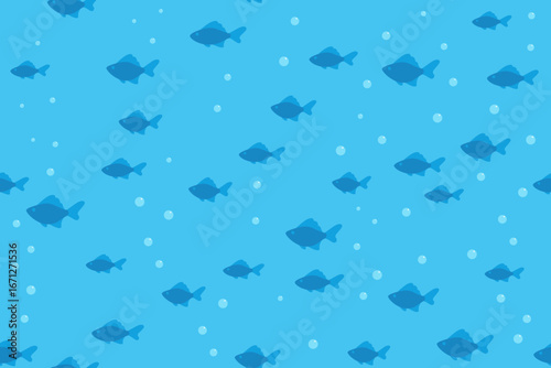 Blue fishes in an azure water. Seamless pattern under clipping mask, convenient for editing. Flat style. Sea  background for cover, textile, wrapping paper, wallpaper.