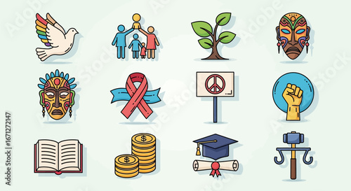 Diverse Social and Cultural Icons: Peace, Unity, and Justice Symbols