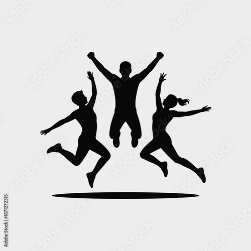 Three people jumping with arms raised in celebration success