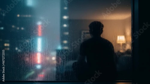 Contemplative solitude city view on a rainy night, apartment window perspective for emotional mood