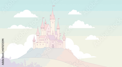 Cartoon castle with turrets on a hill against a pastel sky with clouds