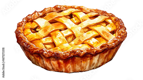 Tasty homemade apple pie. Hand drawn Watercolor. isolated on a transparent background
