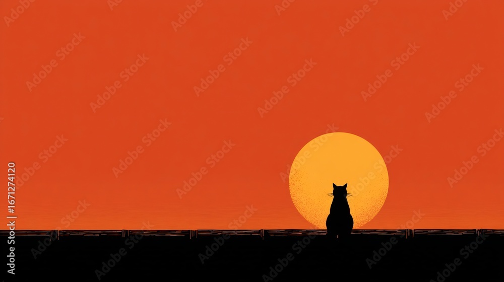 Fototapeta premium Simple halloween background black cat silhouette sitting on fence with crescent moon orange gradient sky minimal flat spooky design