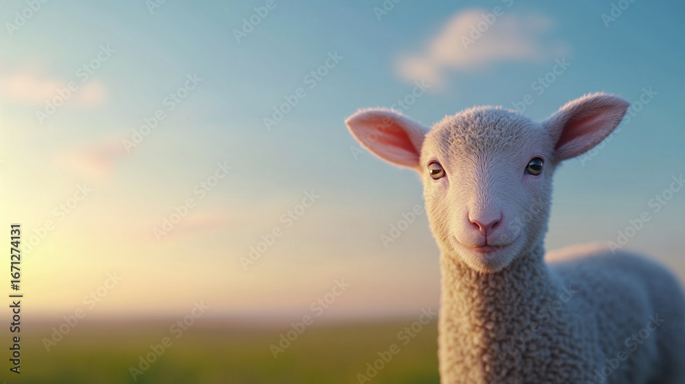 Obraz premium Close up of lamb with fluffy white fur standing in field during sunset, showing soft light and calm expression
