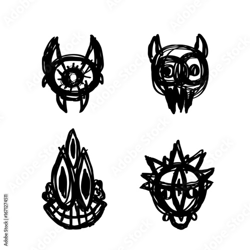 Monster sketch set Ritual animal head logo icon sign Halloween concept Hand drawn ink sketch Abstract doodle scary design Print for clothes apparel greeting invitation card cover flyer poster banner
