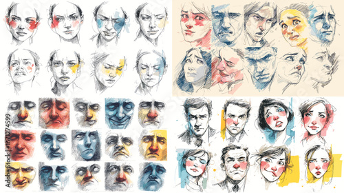 Artistic portrait sketches of human faces with watercolor accents, expressive emotions in modern fine art illustration style.