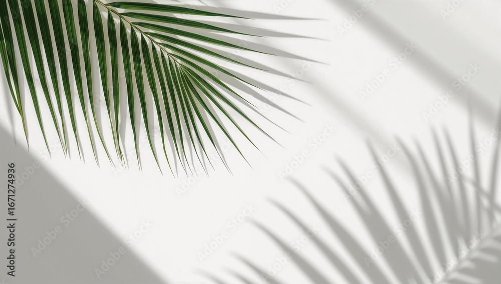 Fototapeta premium Two tropical palm leaves cast intricate shadows on a clean, bright white background, creating a serene and airy aesthetic.