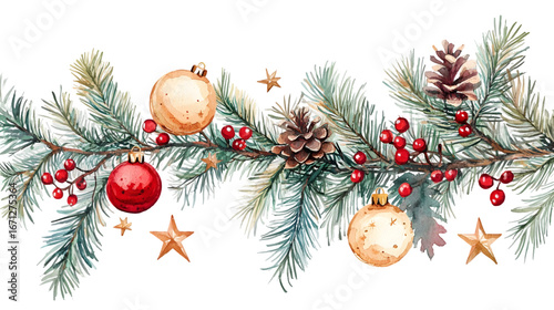 watercolor christmas tree branches decorated with baubles and stars isolated on a transparent background