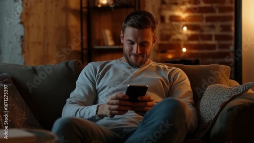 A man is sitting on a couch and smiling while looking at his cell phone.