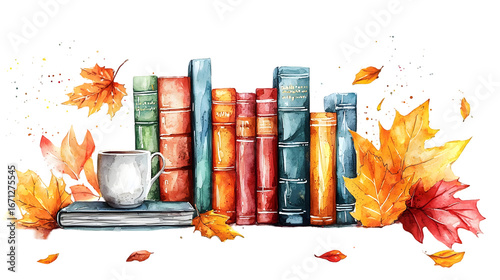 watercolor illustration of books and autumn leaves isolated on a transparent background