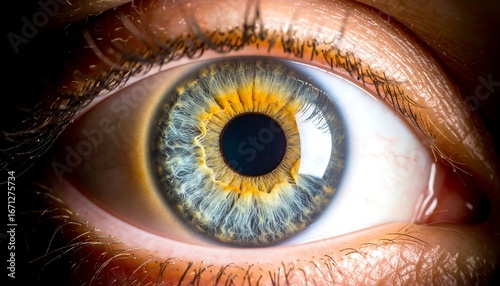 Close-up of a human eye, showcasing intricate details of iris and pupil