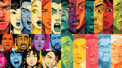 Vivid pop art collage of diverse expressive faces in bold colorful panels, showing shock, surprise, and emotion in modern comic style.