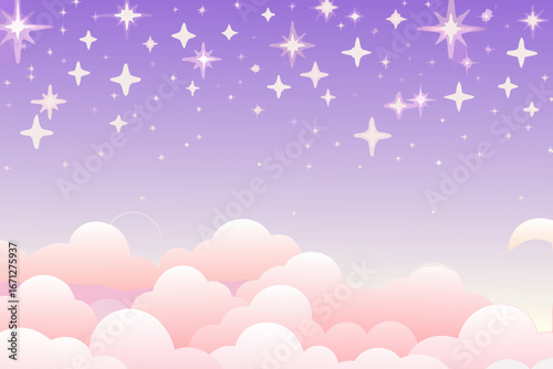 a purple sky with pink clouds and white stars shining brightly everywhere outside